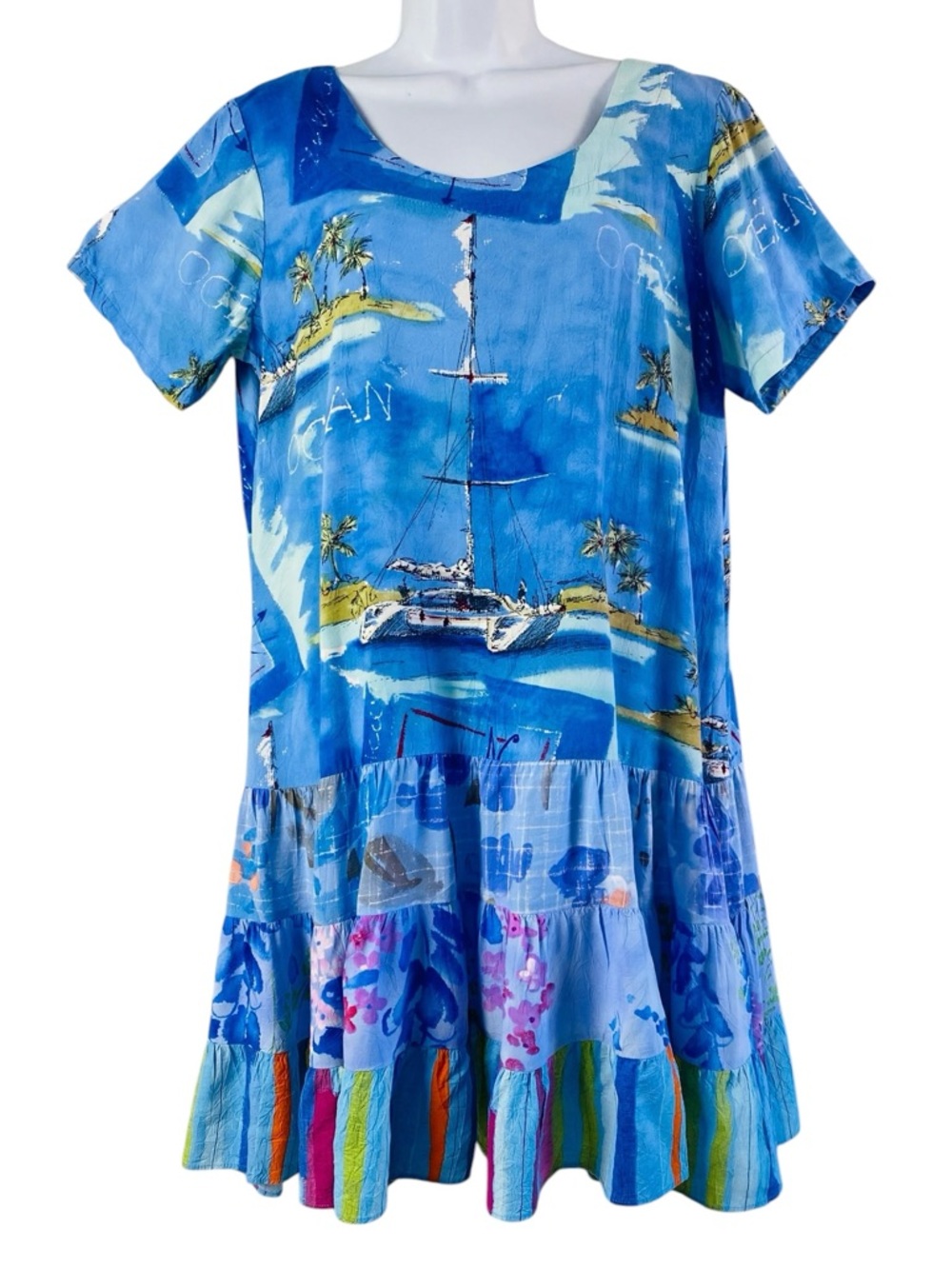 Jams World Blue Multi-Color Sailboat Print Short Sleeve Dress, Size Large
